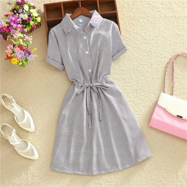 2018 Elegant Office Summer Dress Shirt Elegant Blue Stripped Cotton Turn Down Collar Wear to Work Shirts Women Dresses #BD728