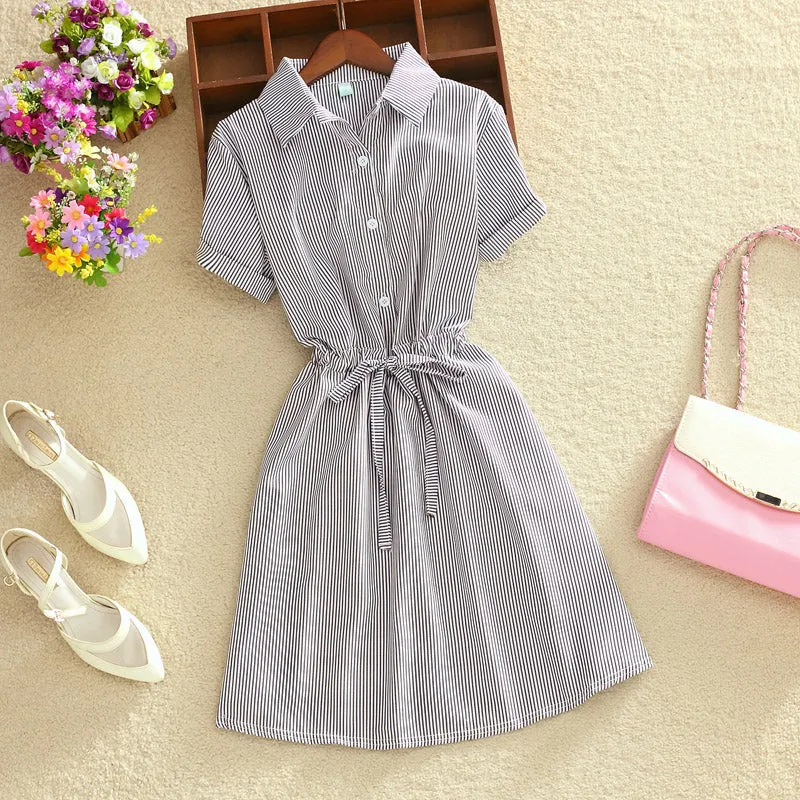 2018 Elegant Office Summer Dress Shirt Elegant Blue Stripped Cotton Turn Down Collar Wear to Work Shirts Women Dresses #BD728