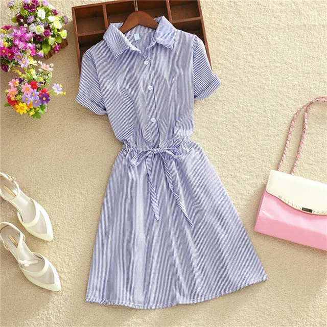2018 Elegant Office Summer Dress Shirt Elegant Blue Stripped Cotton Turn Down Collar Wear to Work Shirts Women Dresses #BD728