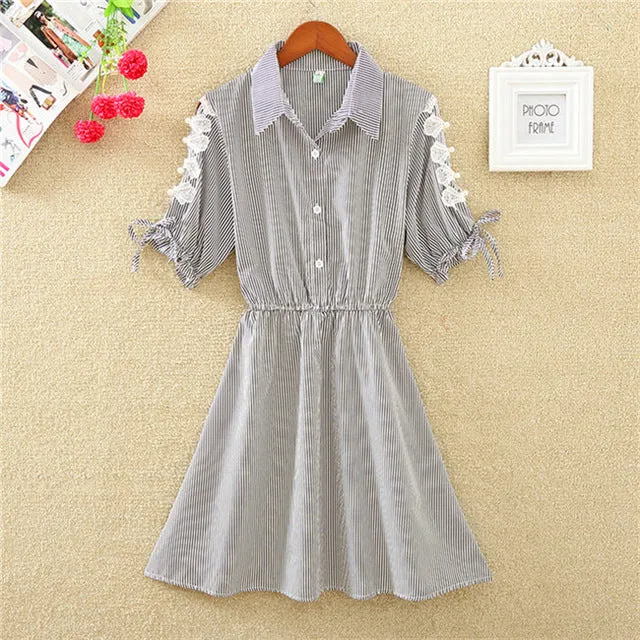 2018 Elegant Office Summer Dress Shirt Elegant Blue Stripped Cotton Turn Down Collar Wear to Work Shirts Women Dresses #BD728