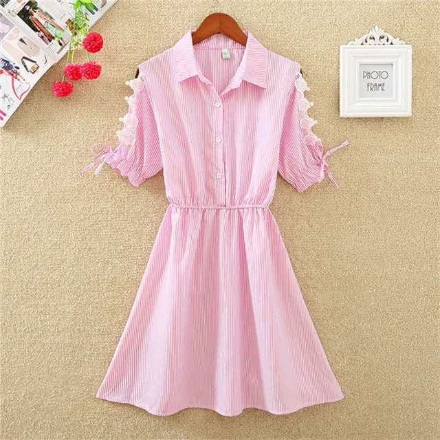 2018 Elegant Office Summer Dress Shirt Elegant Blue Stripped Cotton Turn Down Collar Wear to Work Shirts Women Dresses #BD728