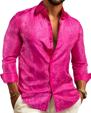 Barry.Wang Mens Casual Long Sleeve Shirts Silk Button Up Designer Paisley Formal Dress Shirt Western Mexico Cowboy Costume