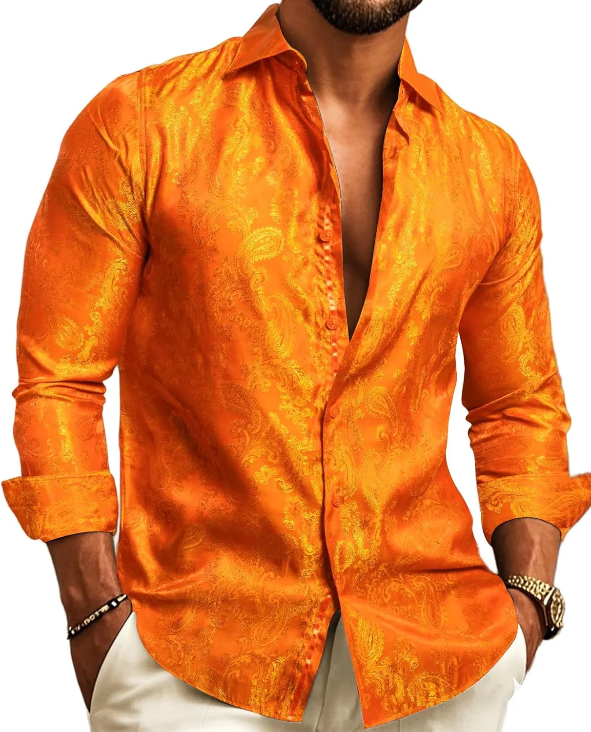 Barry.Wang Mens Casual Long Sleeve Shirts Silk Button Up Designer Paisley Formal Dress Shirt Western Mexico Cowboy Costume