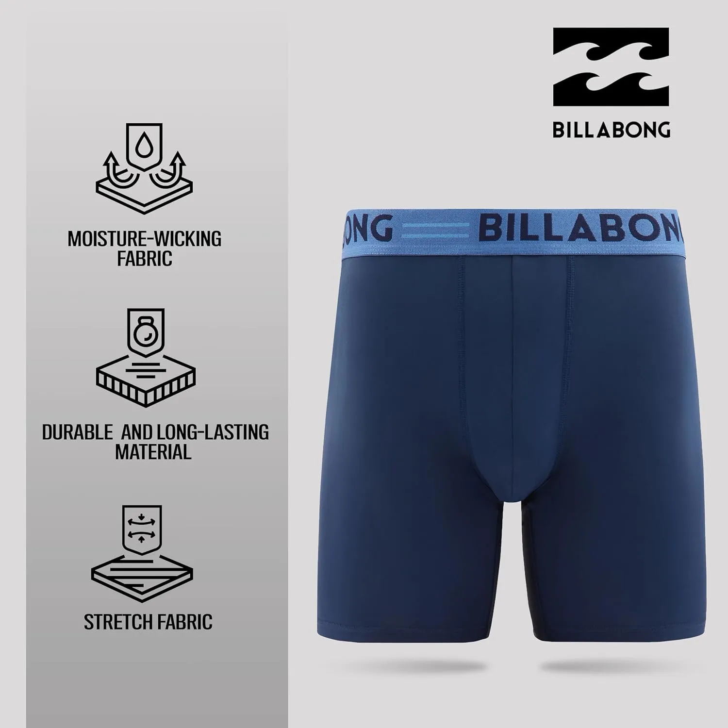 Billabong Mens Boxer Briefs 4 Pack Long Leg Performance Compression Shorts Mens Underwear 7.5 Inseam