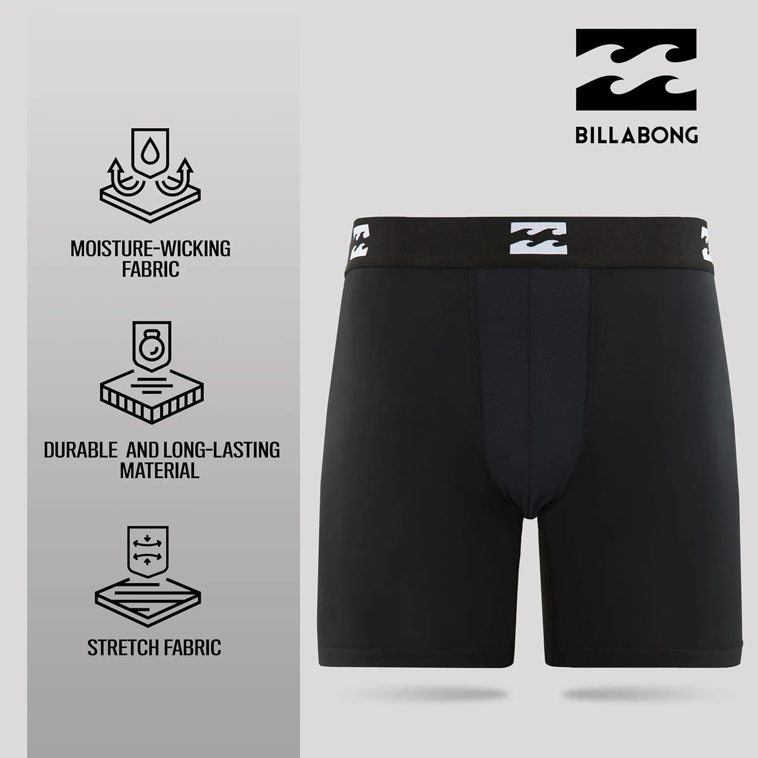 Billabong Mens Boxer Briefs 4 Pack Long Leg Performance Compression Shorts Mens Underwear 7.5 Inseam