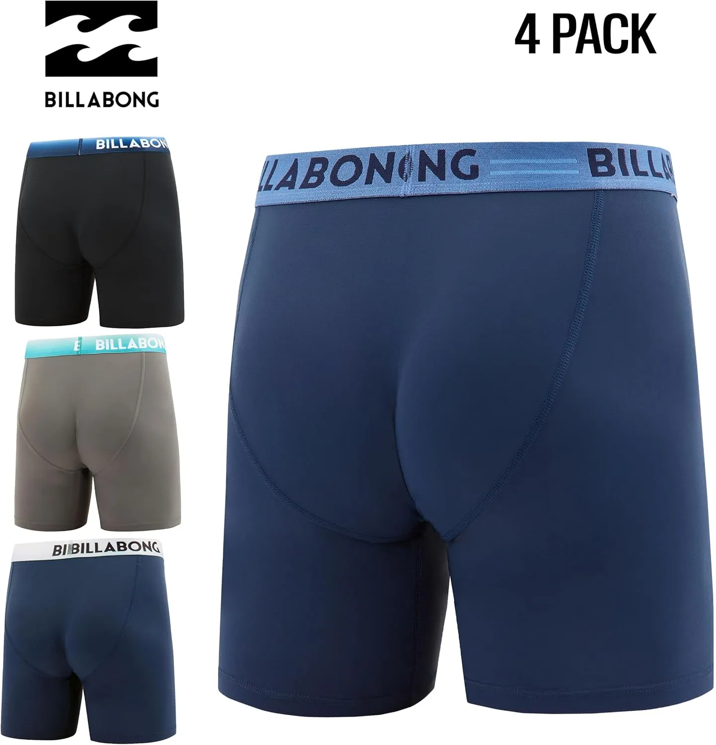 Billabong Mens Boxer Briefs 4 Pack Long Leg Performance Compression Shorts Mens Underwear 7.5 Inseam