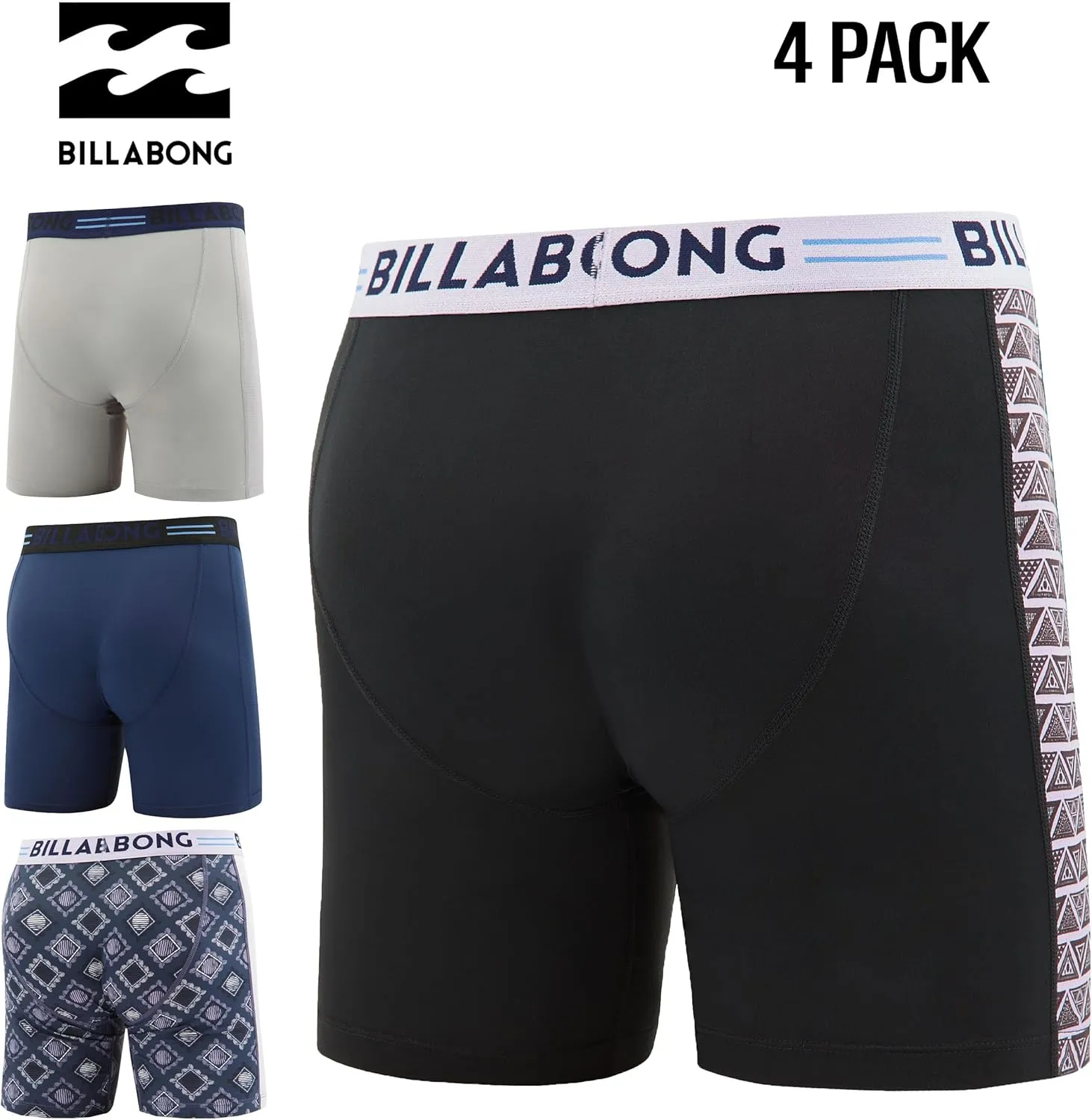 Billabong Mens Boxer Briefs 4 Pack Long Leg Performance Compression Shorts Mens Underwear 7.5 Inseam