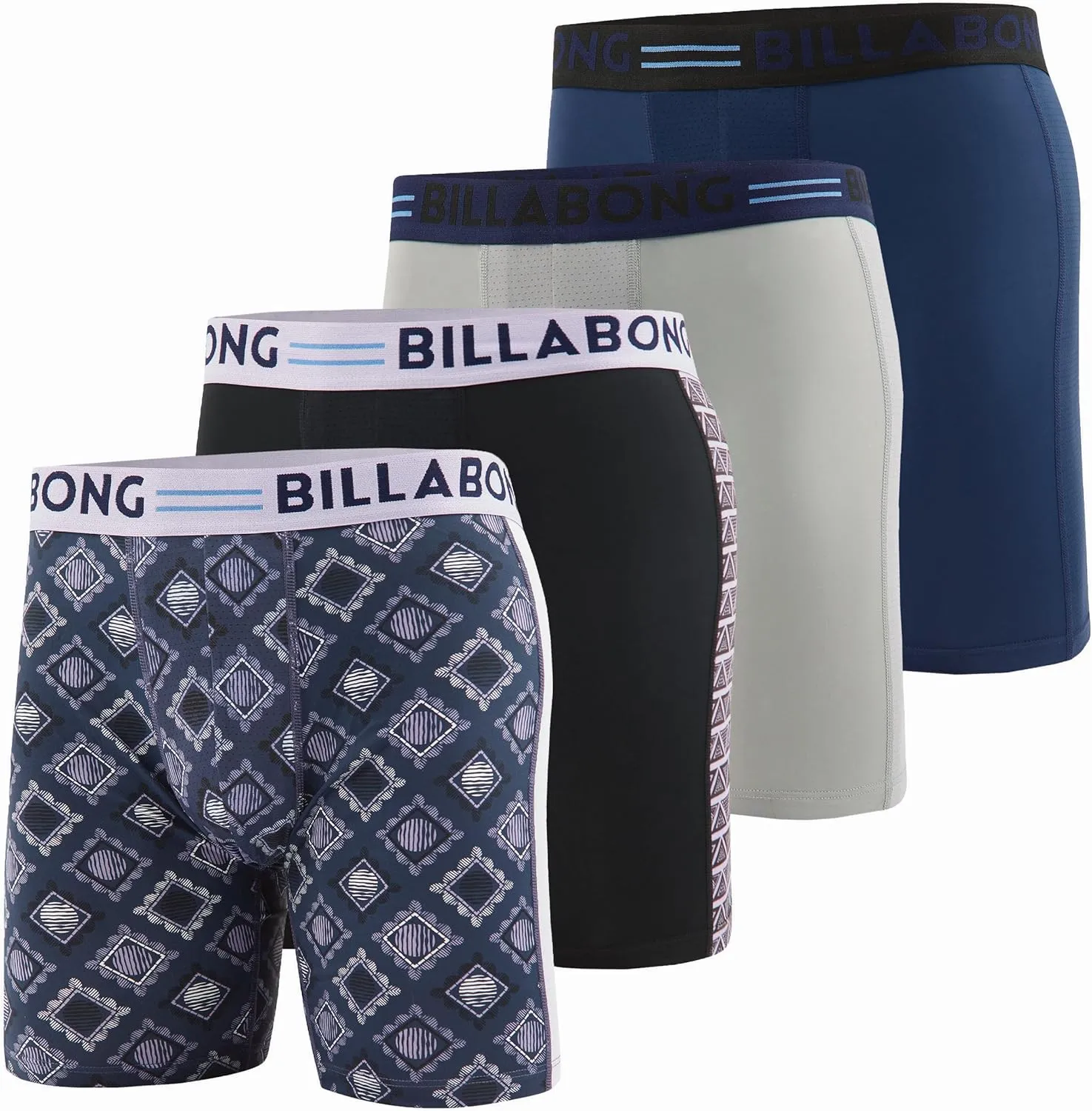 Billabong Mens Boxer Briefs 4 Pack Long Leg Performance Compression Shorts Mens Underwear 7.5 Inseam