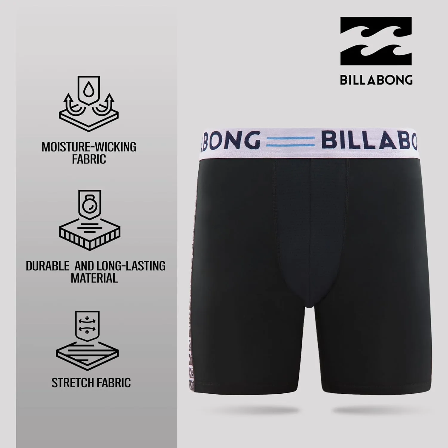 Billabong Mens Boxer Briefs 4 Pack Long Leg Performance Compression Shorts Mens Underwear 7.5 Inseam