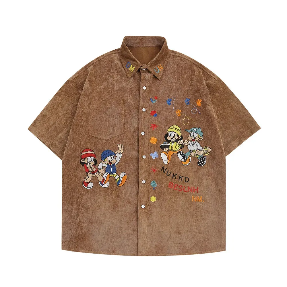 Cartoon Embroidery Cargo Shirts - Retro Casual Streetwear with Lapel and Short Sleeves