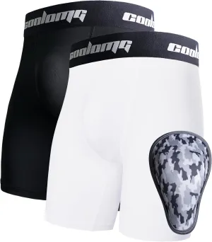 COOLOMG 2-Pack Boys Baseball Underwear with 1 Soft Protective Athletic Cup, Youth Compression Shorts for Football MMA