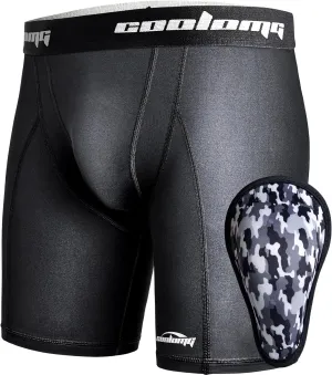 COOLOMG Youth Boys Compression Shorts with Protective Cup Sliding Underwear for Baseball Football Lacrosse Hockey
