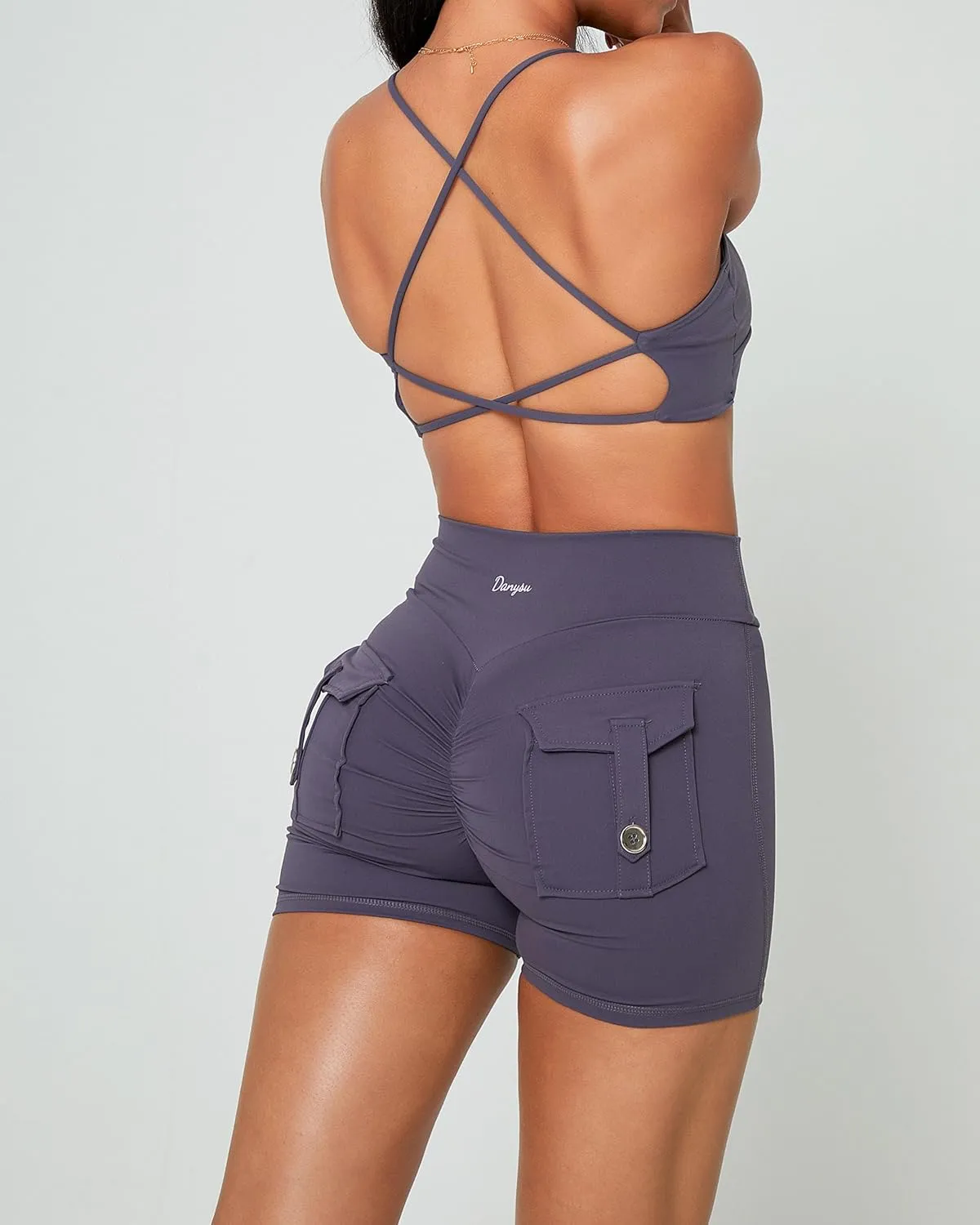Danysu Women Pocket Shorts Cross High Waist Scrunch Butt Booty Workout Lifting Athletic Gym Bottoms