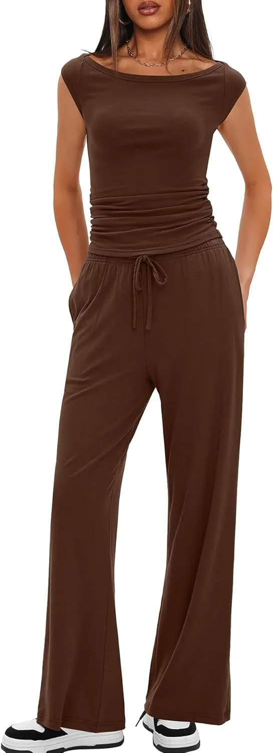 Darong Women 2 Piece Lounge Set Cap Sleeve Boat Neck Top Wide Leg Pants Set Summer Outfit Two Piece Mathing Set