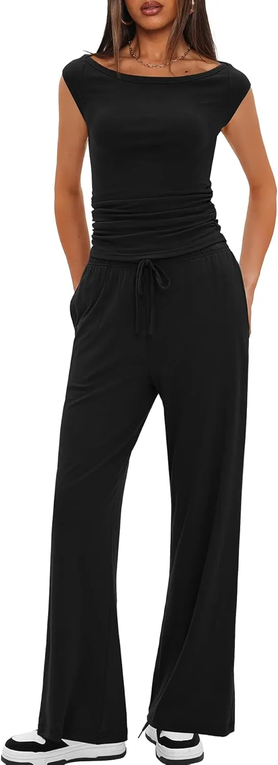 Darong Women 2 Piece Lounge Set Cap Sleeve Boat Neck Top Wide Leg Pants Set Summer Outfit Two Piece Mathing Set