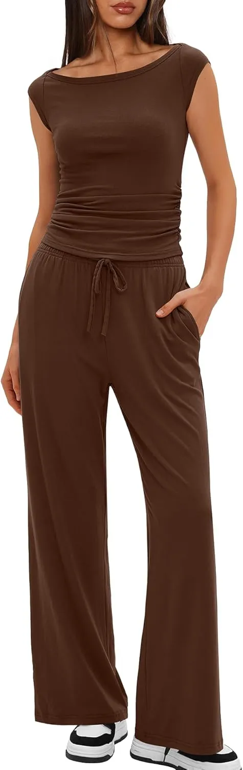 Darong Women 2 Piece Lounge Set Cap Sleeve Boat Neck Top Wide Leg Pants Set Summer Outfit Two Piece Mathing Set