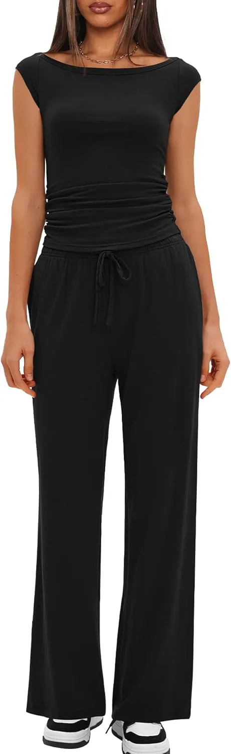 Darong Women 2 Piece Lounge Set Cap Sleeve Boat Neck Top Wide Leg Pants Set Summer Outfit Two Piece Mathing Set
