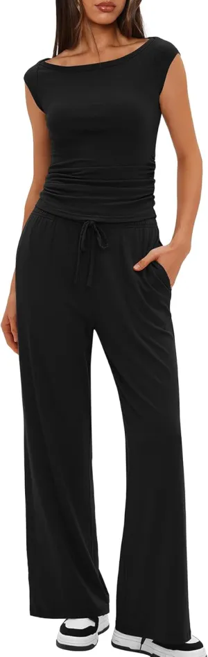 Darong Women 2 Piece Lounge Set Cap Sleeve Boat Neck Top Wide Leg Pants Set Summer Outfit Two Piece Mathing Set