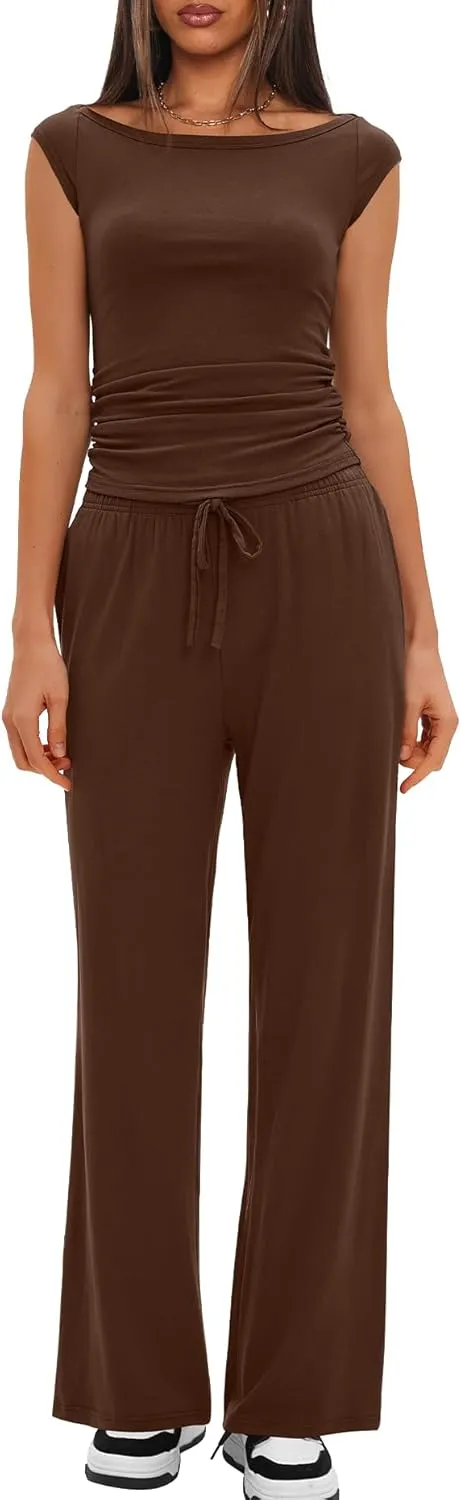 Darong Women 2 Piece Lounge Set Cap Sleeve Boat Neck Top Wide Leg Pants Set Summer Outfit Two Piece Mathing Set