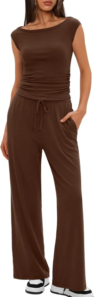 Darong Women 2 Piece Lounge Set Cap Sleeve Boat Neck Top Wide Leg Pants Set Summer Outfit Two Piece Mathing Set