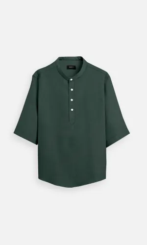 Deep Forest Green Plain Pure Linen Kurta Style Shirt - AddysForMen
