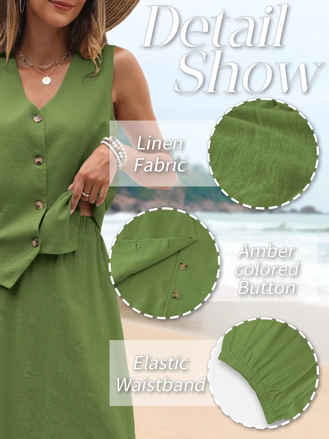 ELLEVEN 2 Piece Linen Sets for Women Summer Outfit,V-Neck Vest Top & Flowy Maxi Skirt