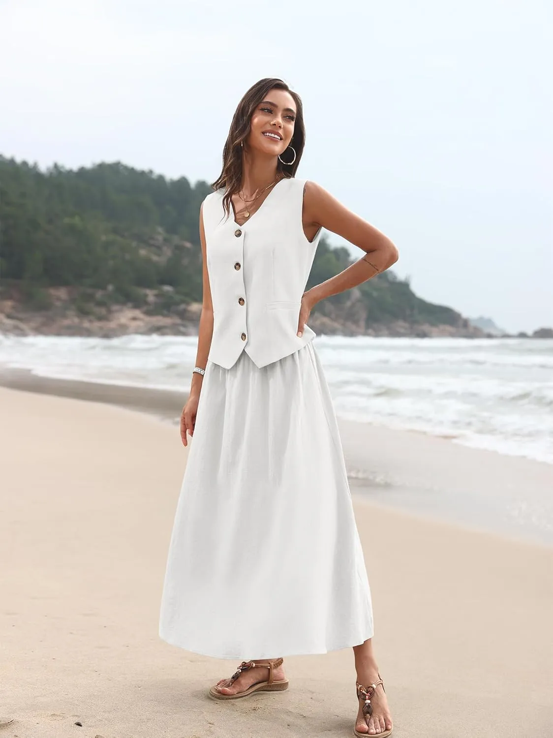 ELLEVEN 2 Piece Linen Sets for Women Summer Outfit,V-Neck Vest Top & Flowy Maxi Skirt