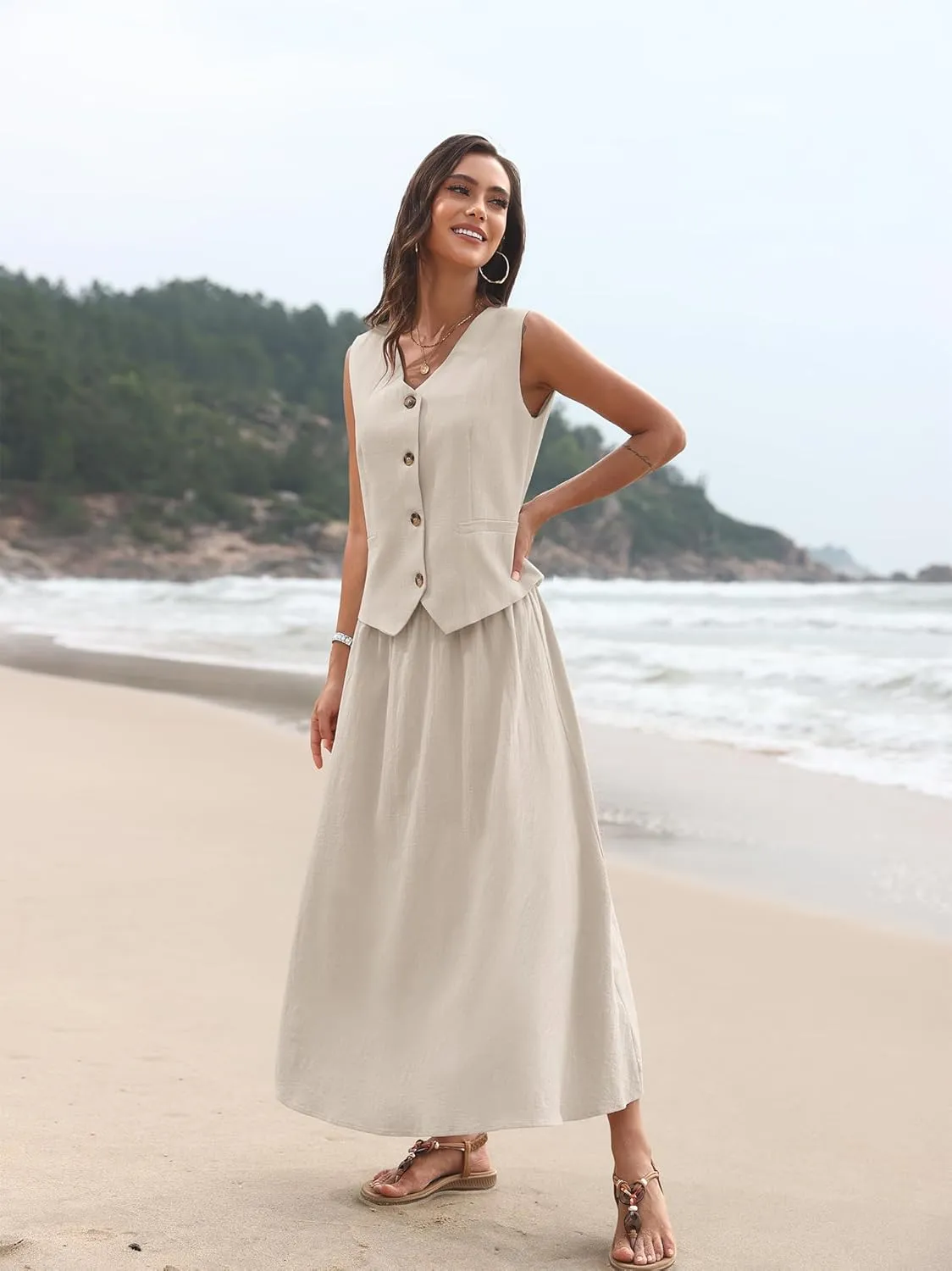 ELLEVEN 2 Piece Linen Sets for Women Summer Outfit,V-Neck Vest Top & Flowy Maxi Skirt