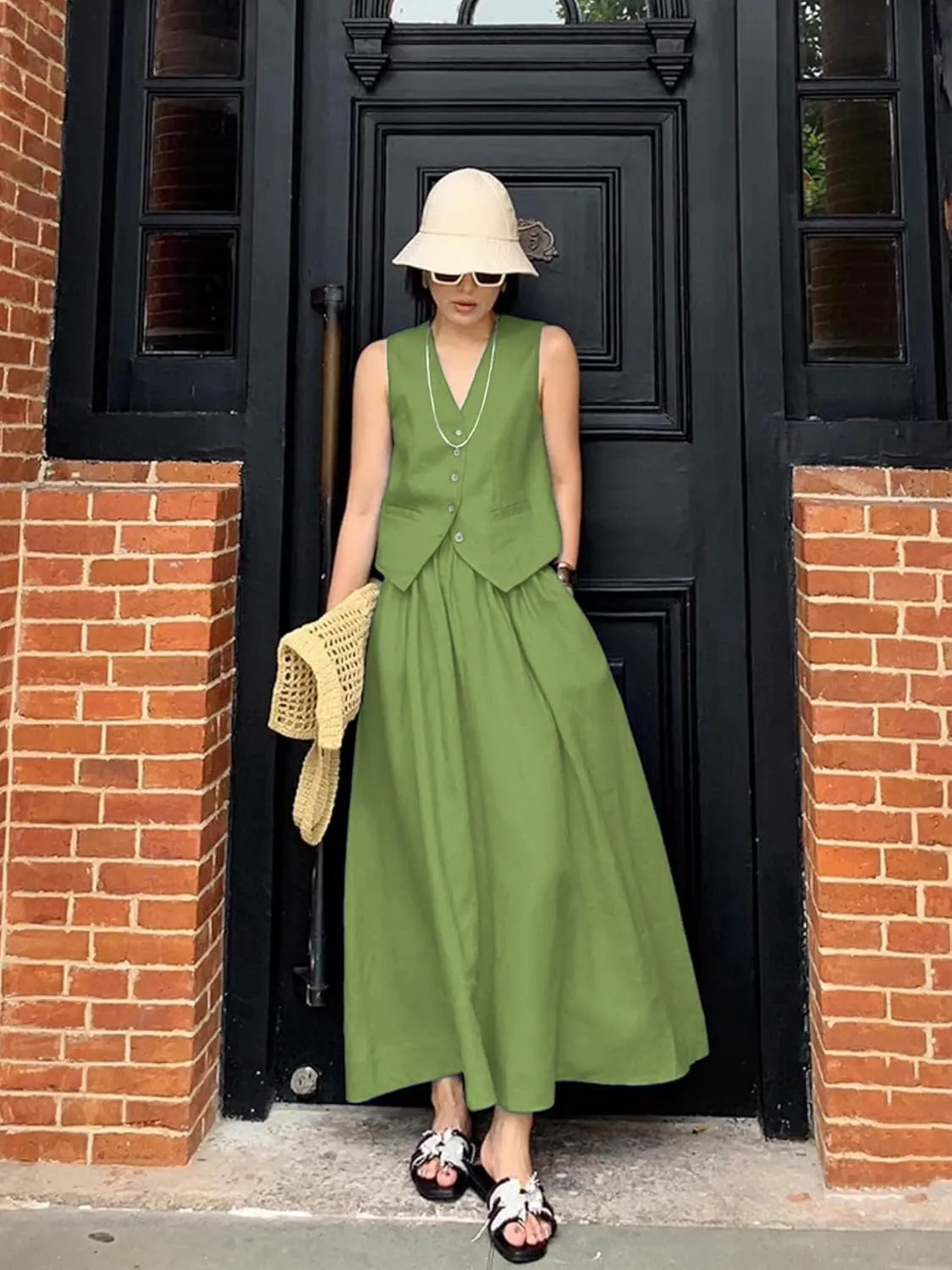 ELLEVEN 2 Piece Linen Sets for Women Summer Outfit,V-Neck Vest Top & Flowy Maxi Skirt