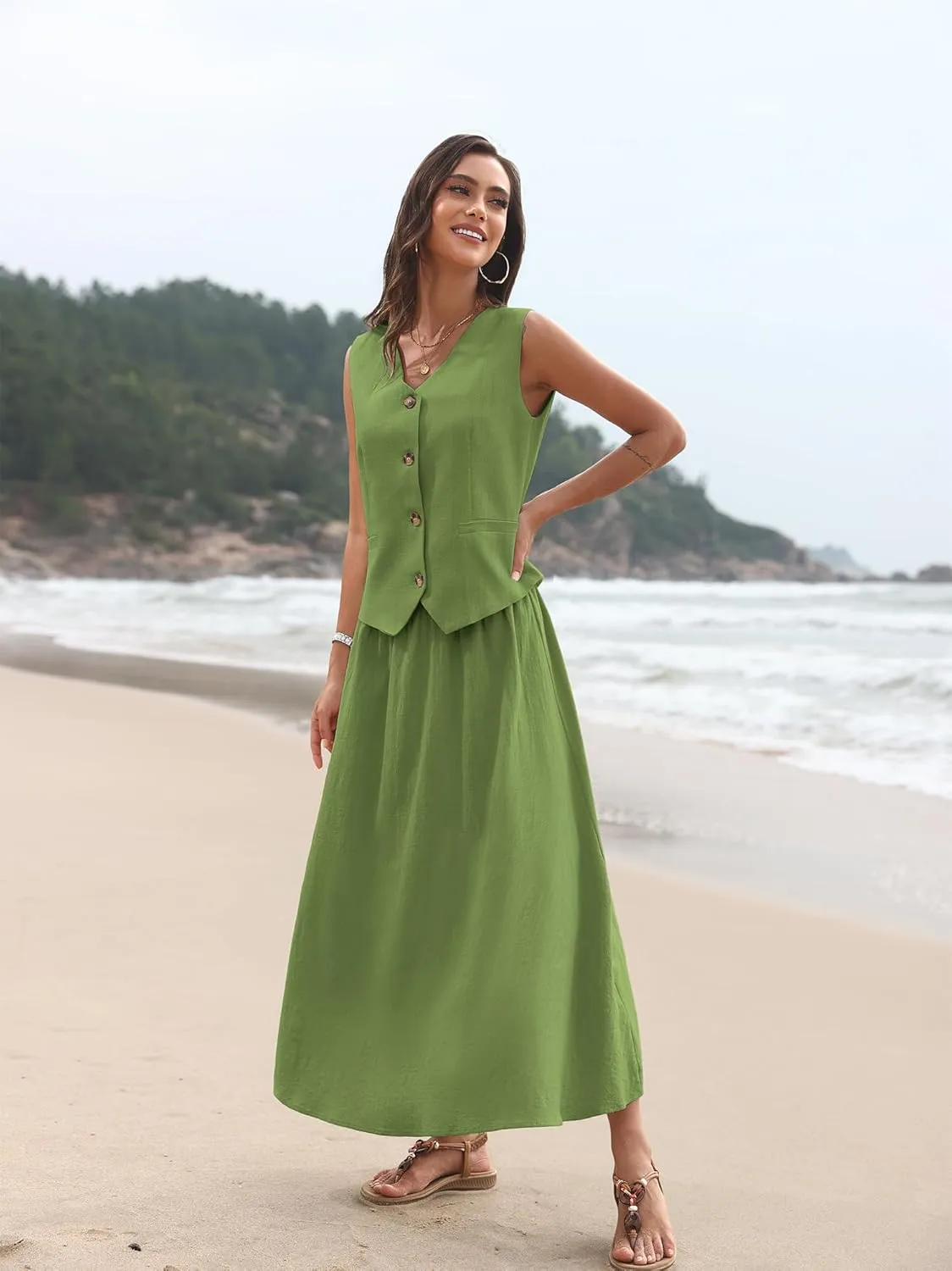 ELLEVEN 2 Piece Linen Sets for Women Summer Outfit,V-Neck Vest Top & Flowy Maxi Skirt