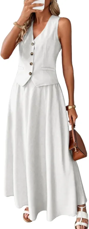 ELLEVEN 2 Piece Linen Sets for Women Summer Outfit,V-Neck Vest Top & Flowy Maxi Skirt