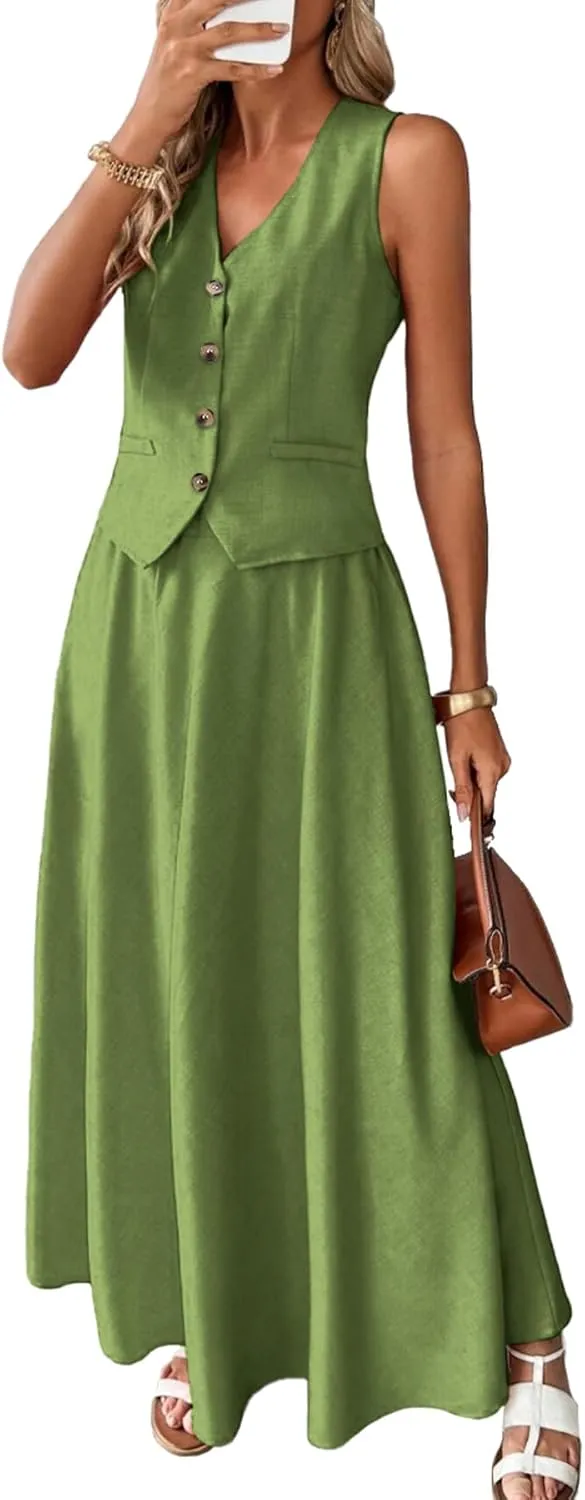 ELLEVEN 2 Piece Linen Sets for Women Summer Outfit,V-Neck Vest Top & Flowy Maxi Skirt