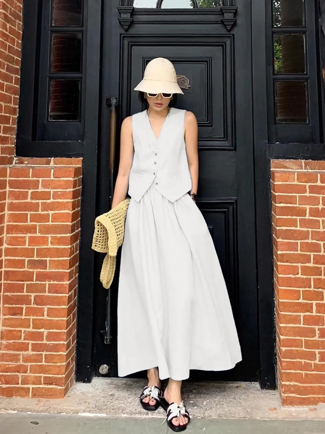 ELLEVEN 2 Piece Linen Sets for Women Summer Outfit,V-Neck Vest Top & Flowy Maxi Skirt