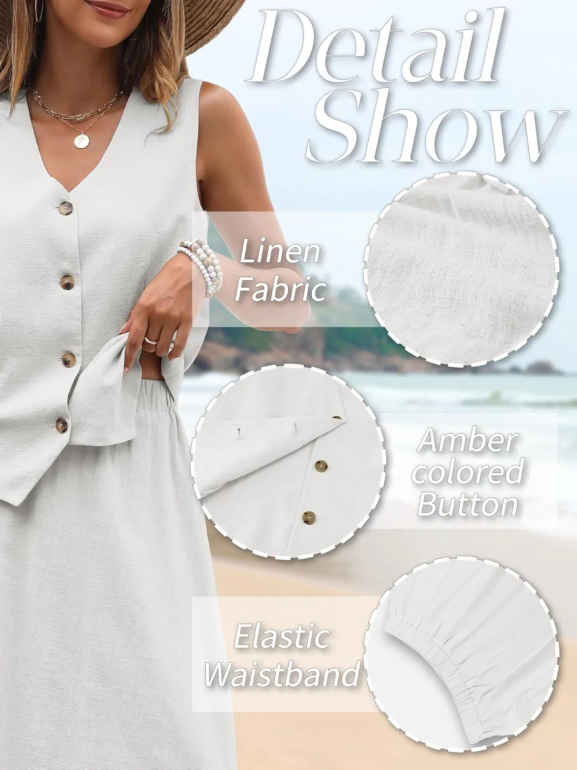 ELLEVEN 2 Piece Linen Sets for Women Summer Outfit,V-Neck Vest Top & Flowy Maxi Skirt
