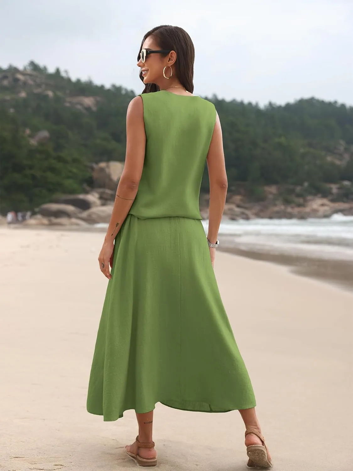 ELLEVEN 2 Piece Linen Sets for Women Summer Outfit,V-Neck Vest Top & Flowy Maxi Skirt