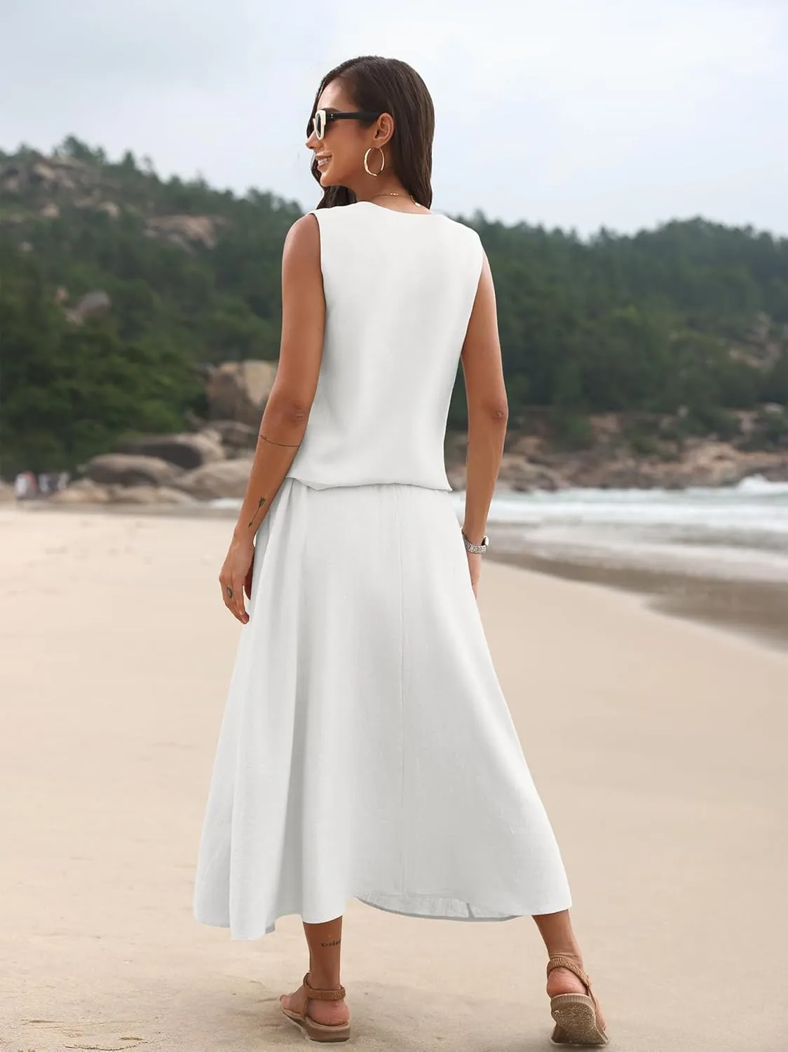 ELLEVEN 2 Piece Linen Sets for Women Summer Outfit,V-Neck Vest Top & Flowy Maxi Skirt