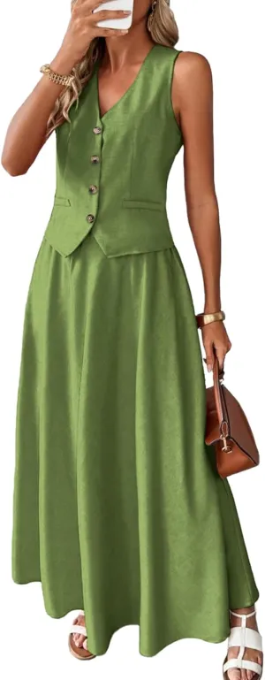 ELLEVEN 2 Piece Linen Sets for Women Summer Outfit,V-Neck Vest Top & Flowy Maxi Skirt
