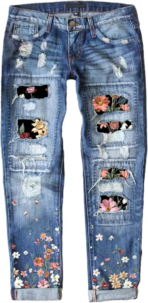 EVALESS Ripped Jeans for Women Plaid Patch Boyfriend Skinny Distressed Denim Jean Pants