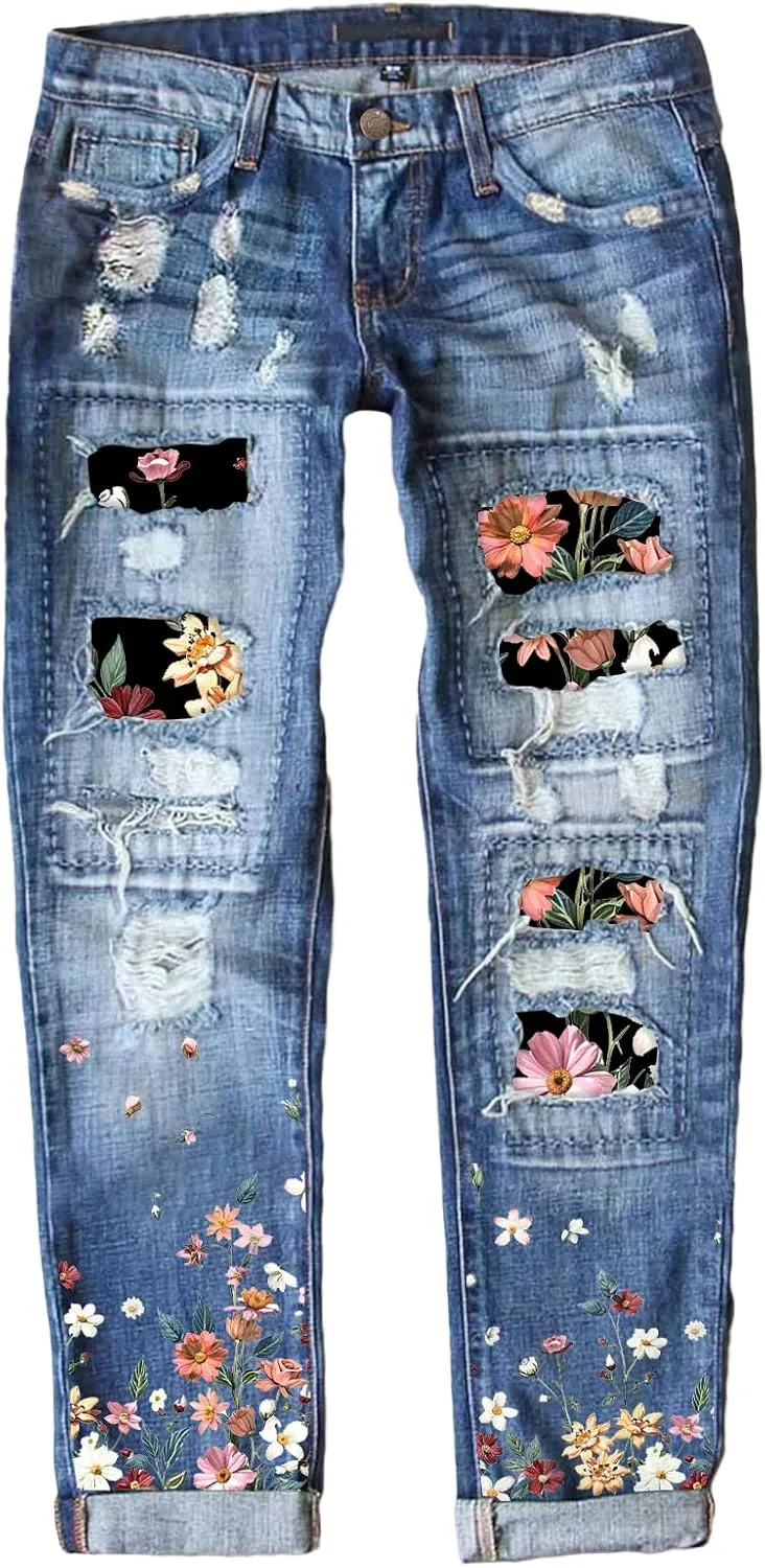 EVALESS Ripped Jeans for Women Plaid Patch Boyfriend Skinny Distressed Denim Jean Pants