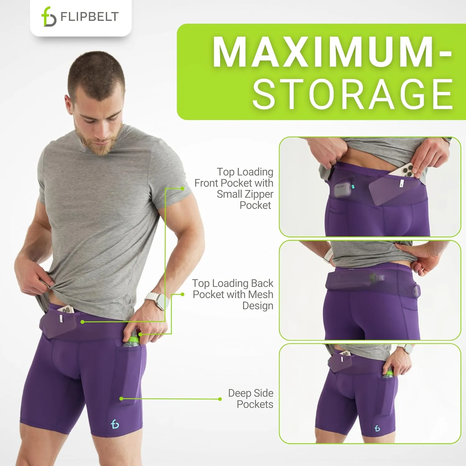 FlipBelt Men's Running Compression Shorts with Pockets - Secure Your Phone, Keys and Even Water Bottles - USA Small Business