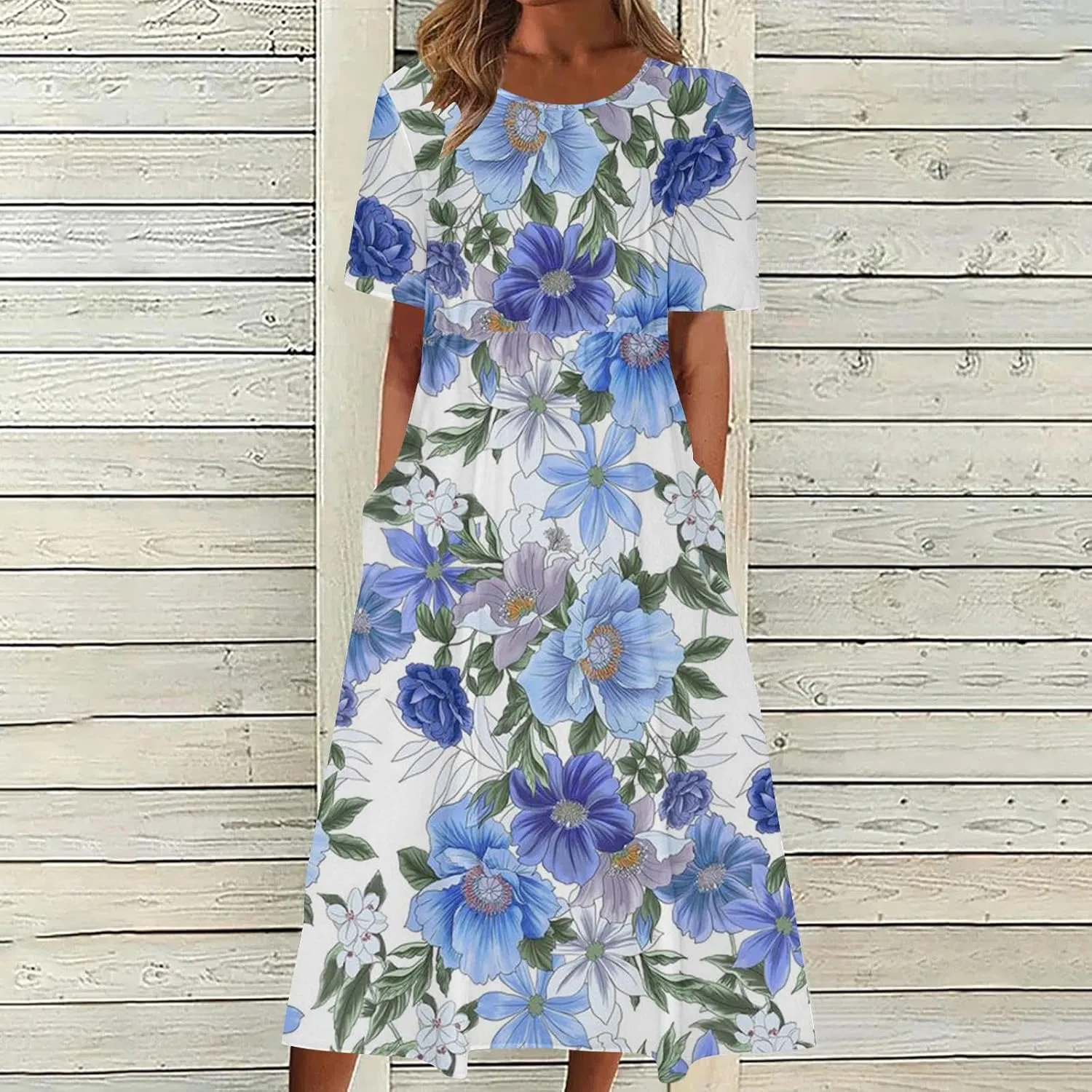 Formal Dresses for Women 2025 Crew Neck Floral Beach Dresses Summer Vacation Casual Loose Sundress with Pockets