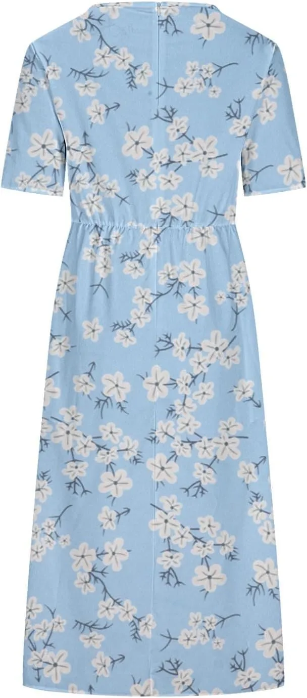 Formal Dresses for Women 2025 Crew Neck Floral Beach Dresses Summer Vacation Casual Loose Sundress with Pockets