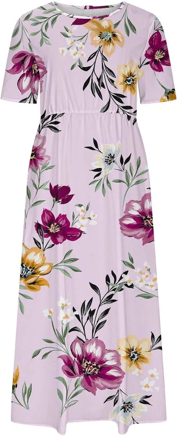 Formal Dresses for Women 2025 Crew Neck Floral Beach Dresses Summer Vacation Casual Loose Sundress with Pockets