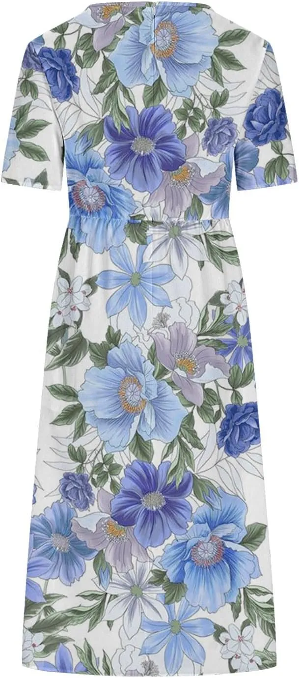 Formal Dresses for Women 2025 Crew Neck Floral Beach Dresses Summer Vacation Casual Loose Sundress with Pockets