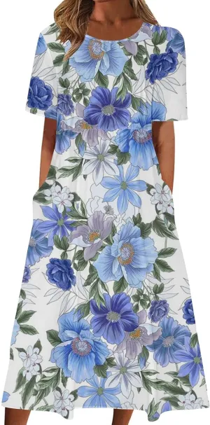 Formal Dresses for Women 2025 Crew Neck Floral Beach Dresses Summer Vacation Casual Loose Sundress with Pockets
