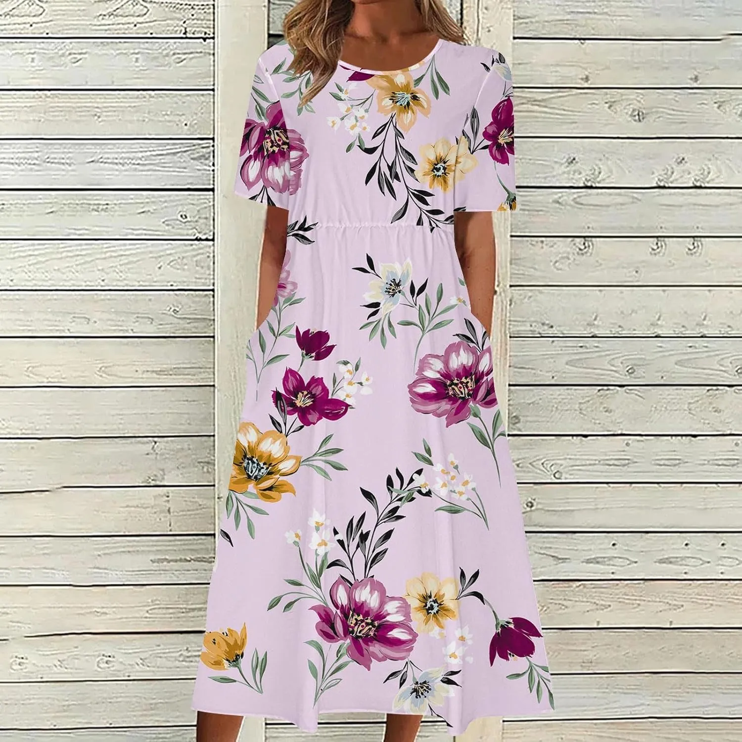 Formal Dresses for Women 2025 Crew Neck Floral Beach Dresses Summer Vacation Casual Loose Sundress with Pockets