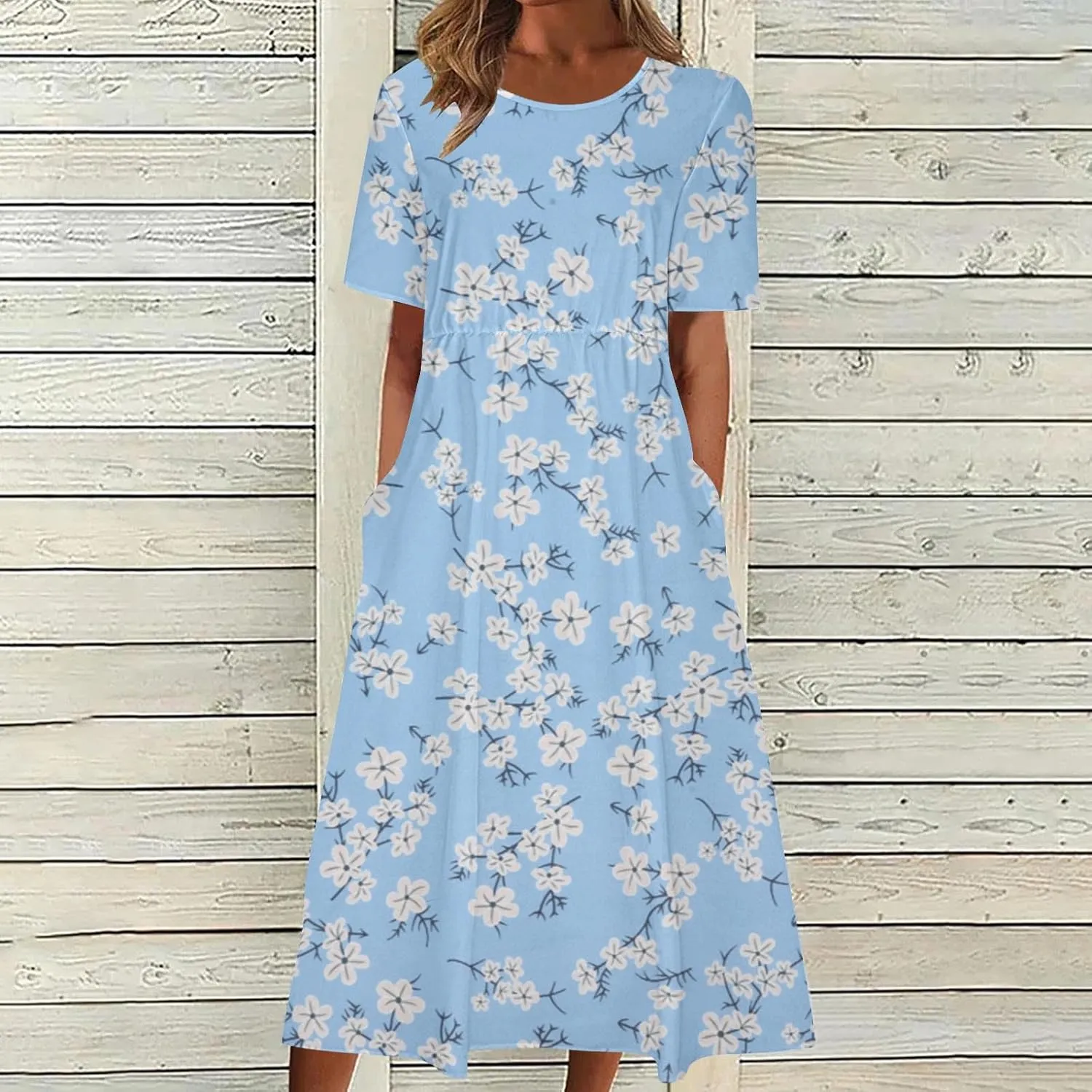 Formal Dresses for Women 2025 Crew Neck Floral Beach Dresses Summer Vacation Casual Loose Sundress with Pockets