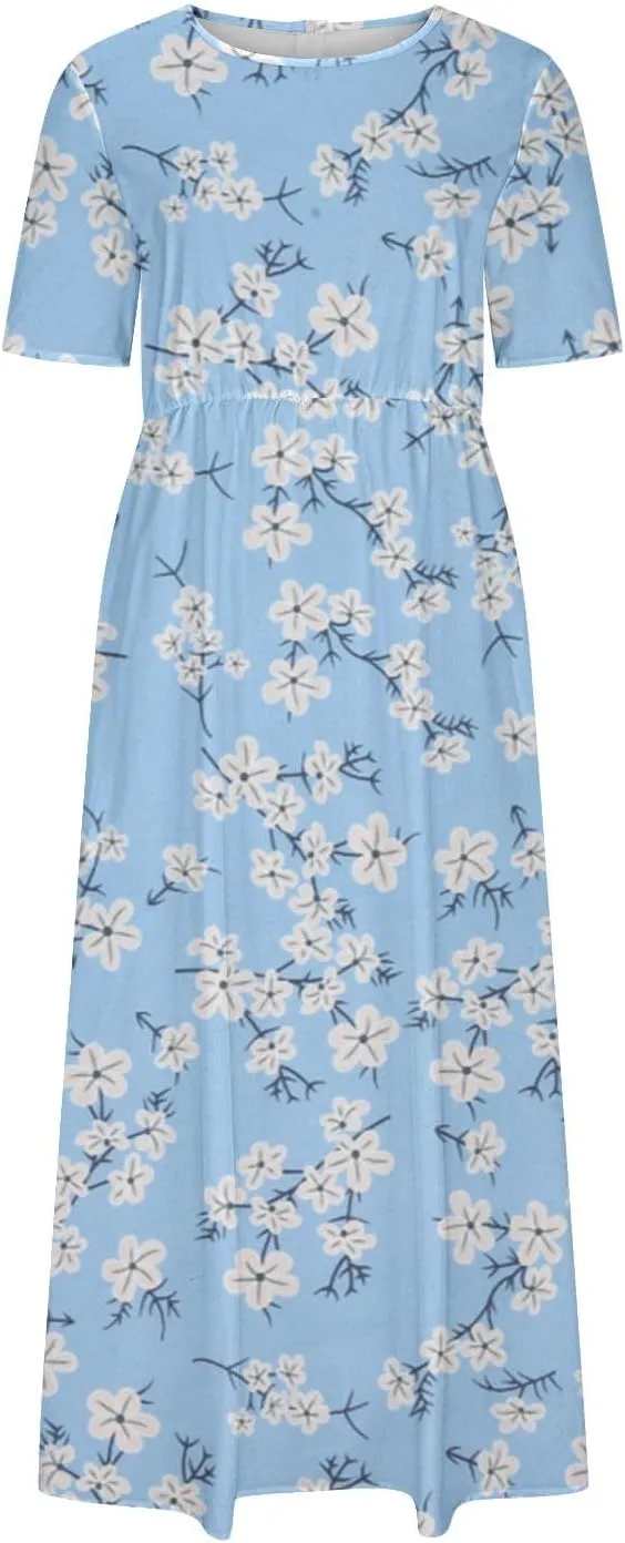 Formal Dresses for Women 2025 Crew Neck Floral Beach Dresses Summer Vacation Casual Loose Sundress with Pockets