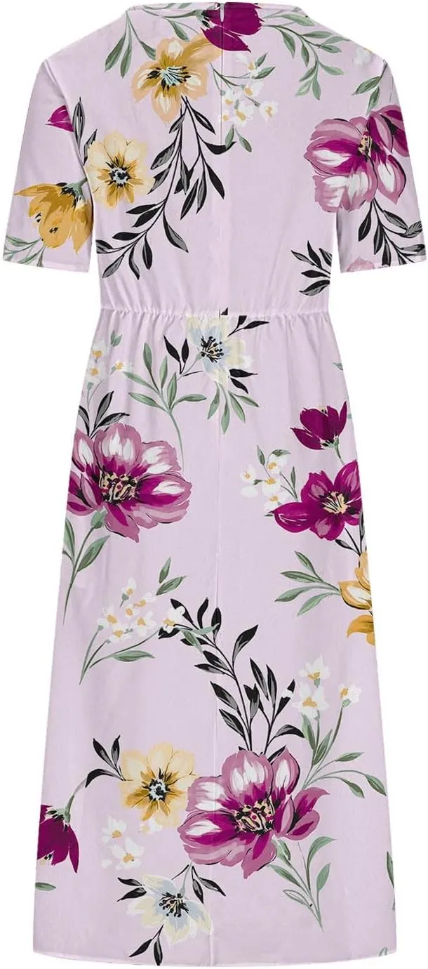 Formal Dresses for Women 2025 Crew Neck Floral Beach Dresses Summer Vacation Casual Loose Sundress with Pockets
