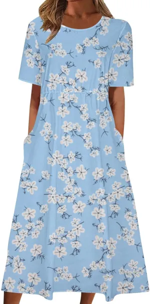 Formal Dresses for Women 2025 Crew Neck Floral Beach Dresses Summer Vacation Casual Loose Sundress with Pockets